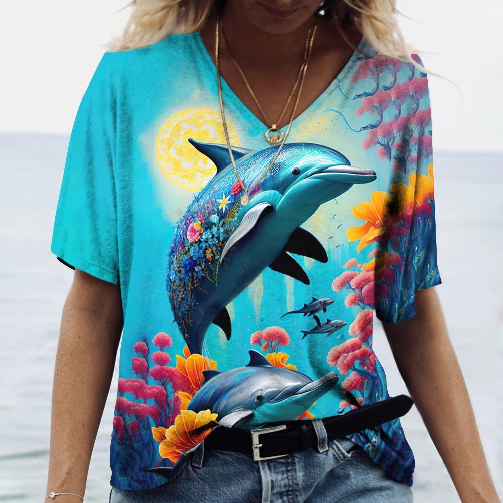 Women's Dolphin Print T-shirt V-neck Top Retro Aesthetic Clothing Oversized Funny Loose Fashion Novelty T-shirt