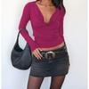 QICED Women's Fashion Casual Solid Color Print Long Sleeve V Neck Blouses & Shirts Unique Design