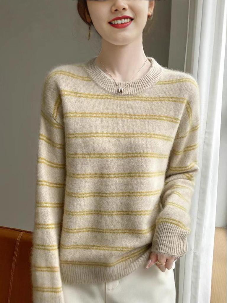 Trendy Korean Style Striped Crew Neck Pullover Cardigan Sweater