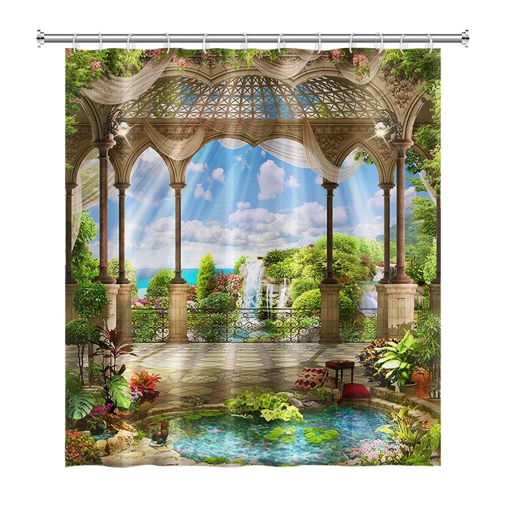 Rural Landscape Shower Curtains Creek Stone Lotus Buddha Bath Curtain Natural Scenery Waterproof Bathroom Home Decor With Hooks