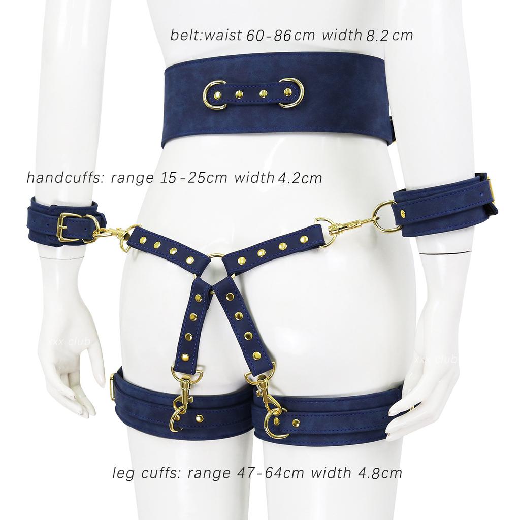 Bundle set includes waist belt, wrist and thigh covers, cross buckle, adult game restraint device, handcuffs, leg covers, and sex toys