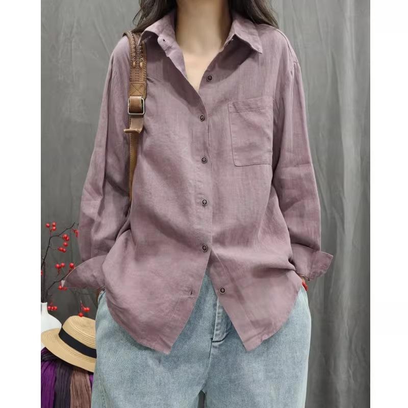 women's Vintage Washed Cotton Linen Loose Long Sleeve Shirt Casual Pocket Blouse Daily Wear Top