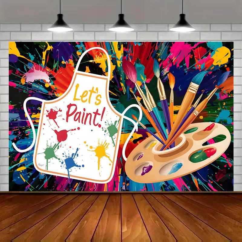 

2D Colorful Art Backdrop Paint Brushes, Palette and Let s Paint! Text Party Background 47.2x31.5inch/120*80cm