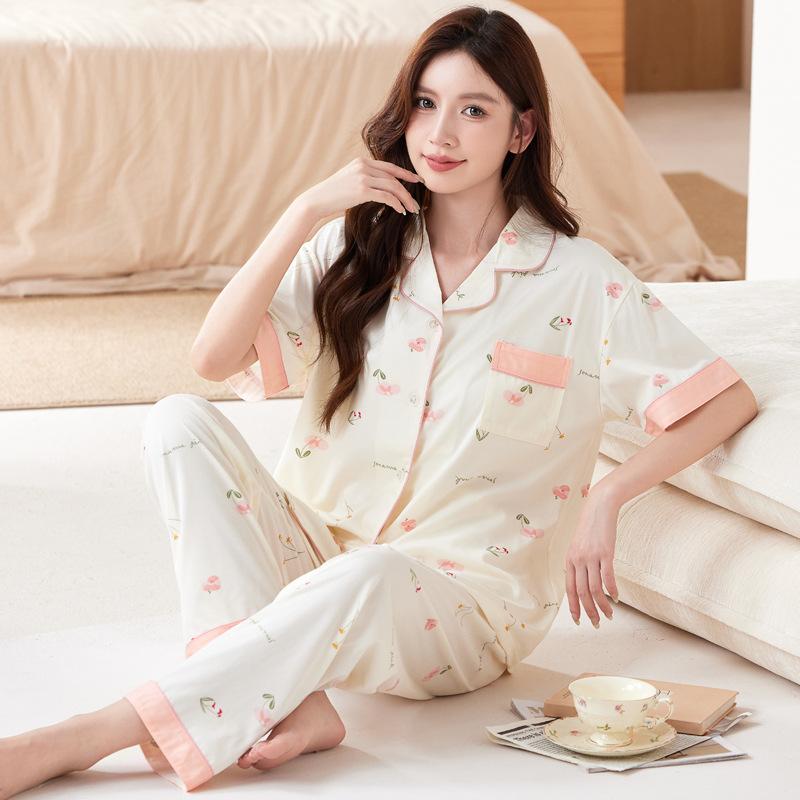 Sweet High-end Pajamas Women's Summer New Imitation Cotton Short-sleeved Trousers Autumn Medium Large-size Loungewear