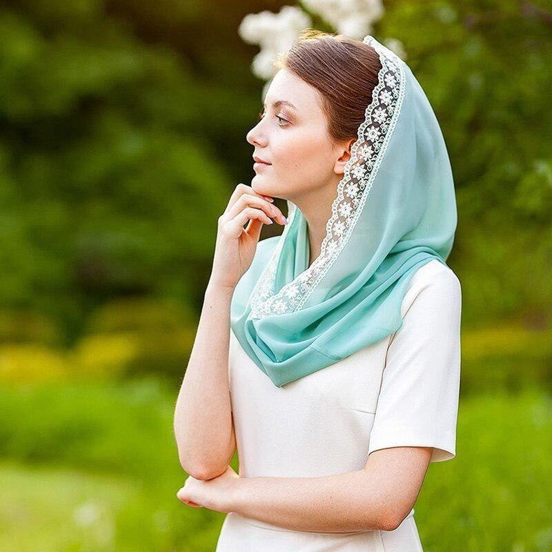 1pc Embroidered Lace Head Cover Satin Scarf Shawl Plain Soft Head Wraps Headband Foulard Wedding Hijab Mantilla Veil