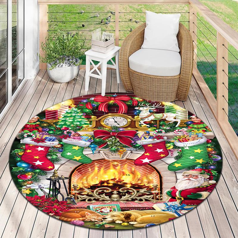 Cute Christmas Day Gift Bell Santa Claus Snowman Christmas Tree round rug Home Soft Decorative Anti slip Chair Mat Carpet Outdoor Floor Mat Carpet 109