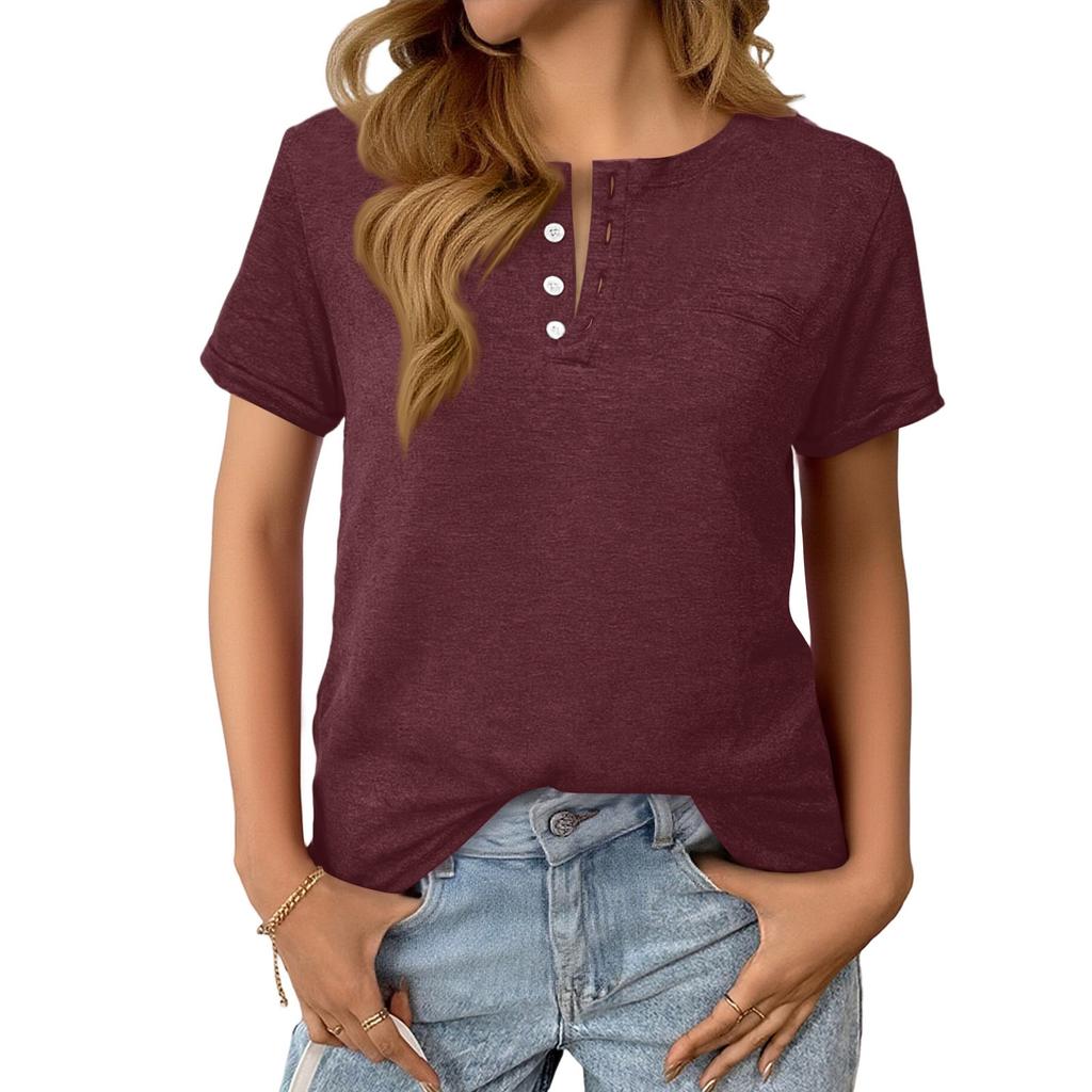 Women's Fashionable Casual Summer V-neck Button Short-sleeved Top