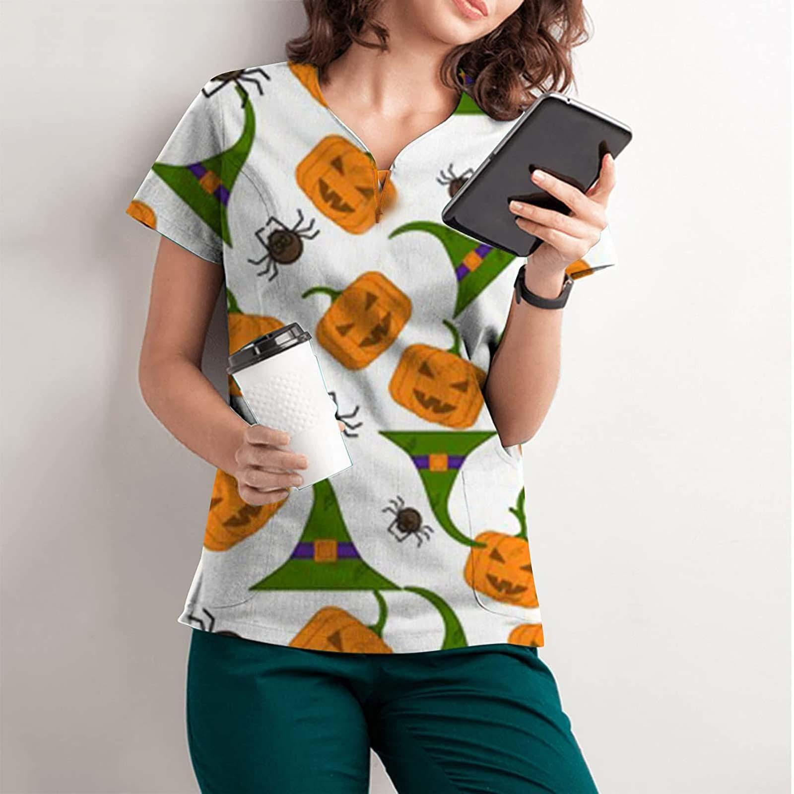 

Women Halloween Short Sleeve V-neck Tops Working Uniform Pocket Blouse XXL зелений