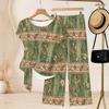 Women Plus Size Round Neck Short Sleeve Knot Hem Red White Striped Printed Two Piece Pants Set