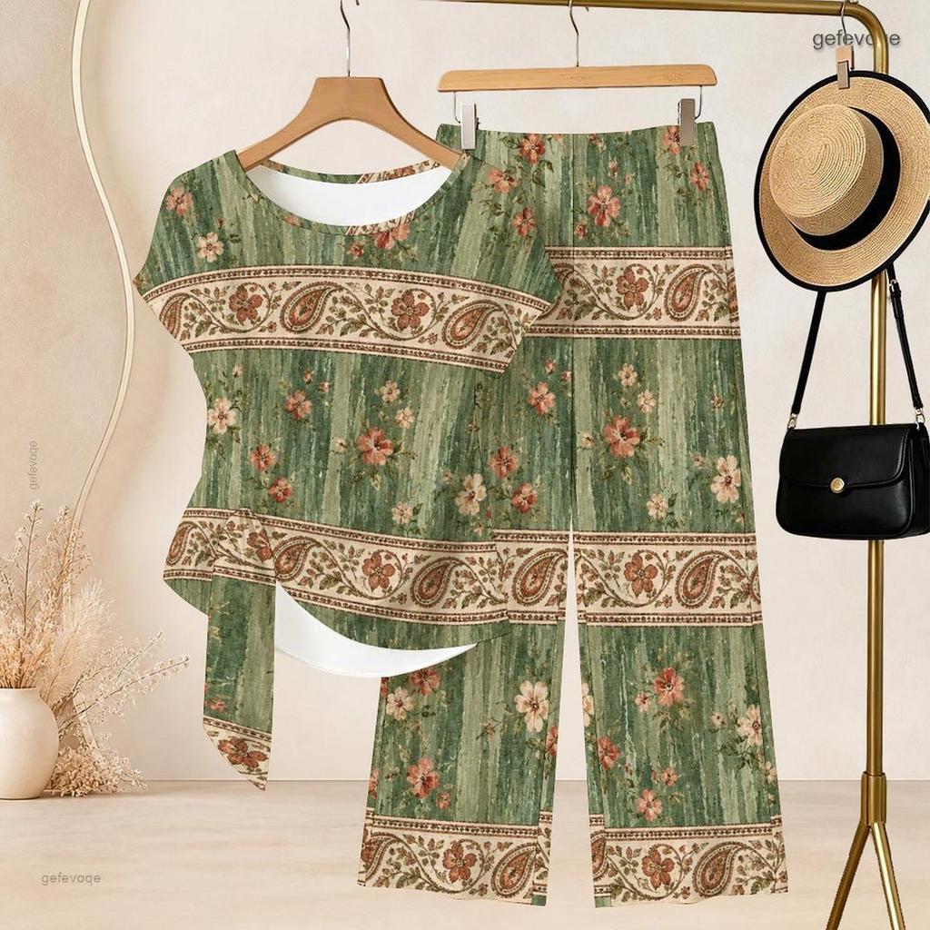 Women Plus Size Round Neck Short Sleeve Knot Hem Red White Striped Printed Two Piece Pants Set