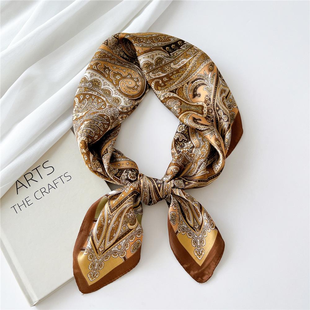 Luxury Silk Square Scarf Women Shawl Fashion French Flower Print Design Satin Hijab Wraps Neckerchief Female Hair Bands 70*70Cm