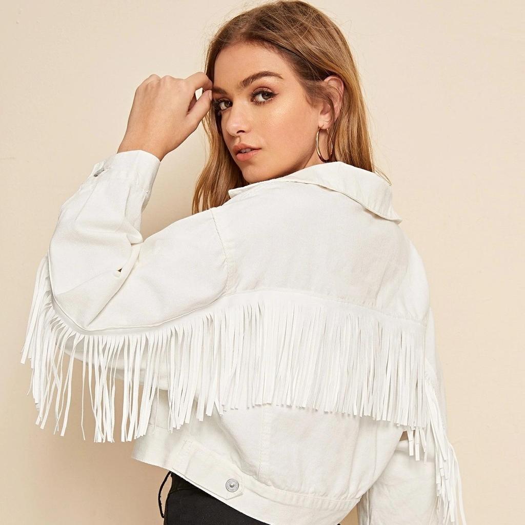 New Women's Tassel Denim Jacket Women's White Jacket Slim Fitting Fashion Denim Jacket