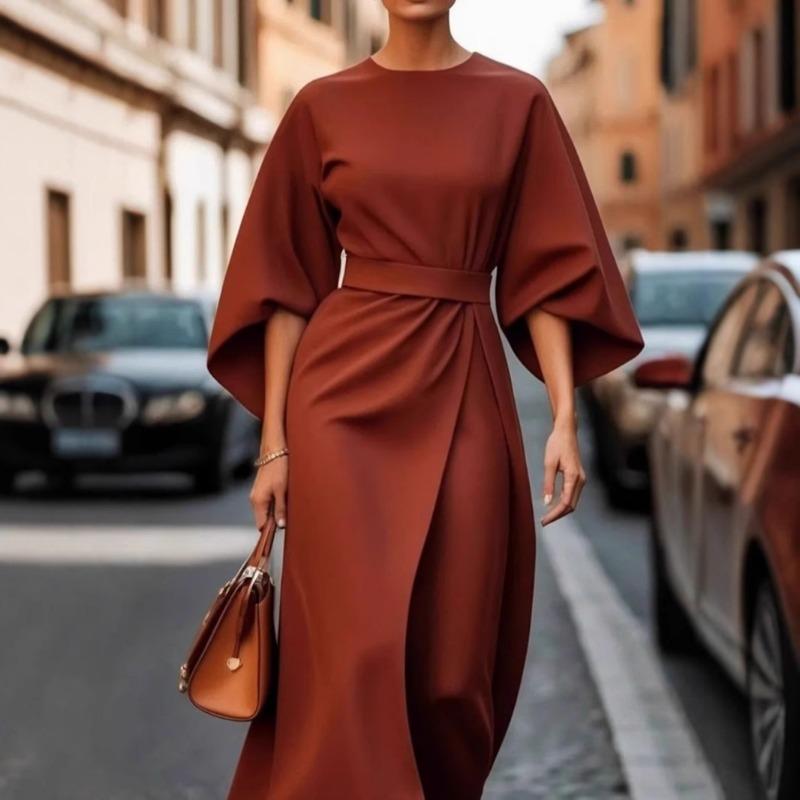 Women's Fashion Elegant and Refined Solid-color Cinched Waist Dress Casual Bat-sleeve Long Dress