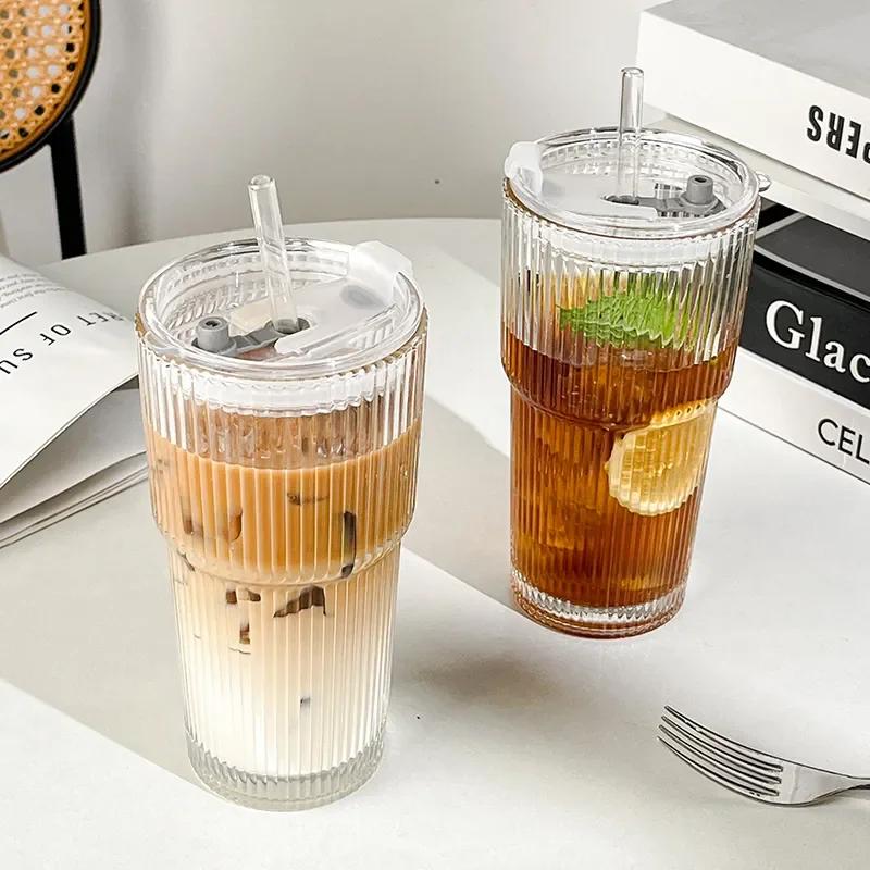 600ML Stripe Glass Coffee Cup With Lid and Straw Transparent Drinking Glasses for Juice Milk Tea Cups Iced Coffee Mugs Drinkware