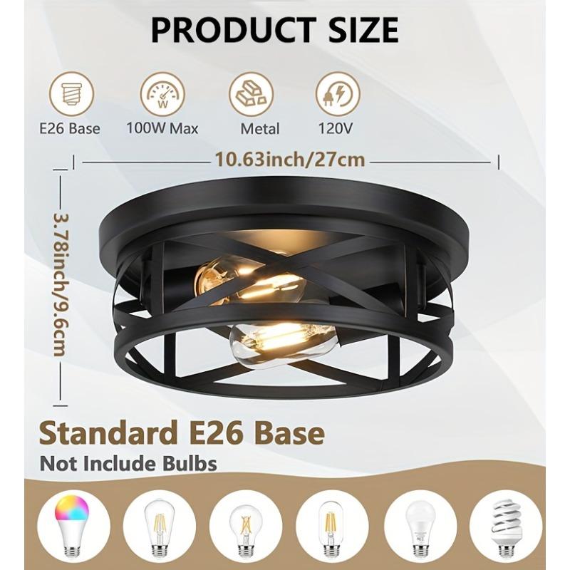 Metal Black Cage Farmhouse Flush Mount Ceiling Ligh, Industrial Close To Ceiling Light, Rustic Style, IP44, Suitable for Hallway, Kitchen, Bedroom, En
