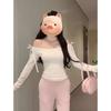 [Human Cotton Modal] One-word shoulder bow strap long-sleeved T-shirt women's slim short top pink