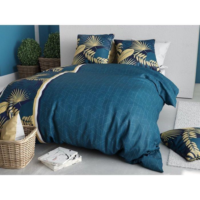 Parure de lit - Housse couette + 2 taies - 220 x 240 cm - Motif feuillage doré - Confort 100% coton