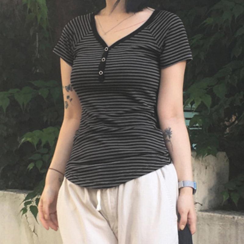 VAYLA Korean Fashion Striped V-Neck With Buttons Slimming T-shirts Women's Summer Short Sleeve Top Tees Y2K Aesthetics New