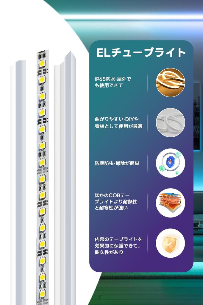 SPAHER EL Fluorescent Tube LED Strip Light, AC100V, Waterproof, 2024 Newly Developed EL Wire, 120SMDM, No Wiring Required, Indirect Lighting, Plug