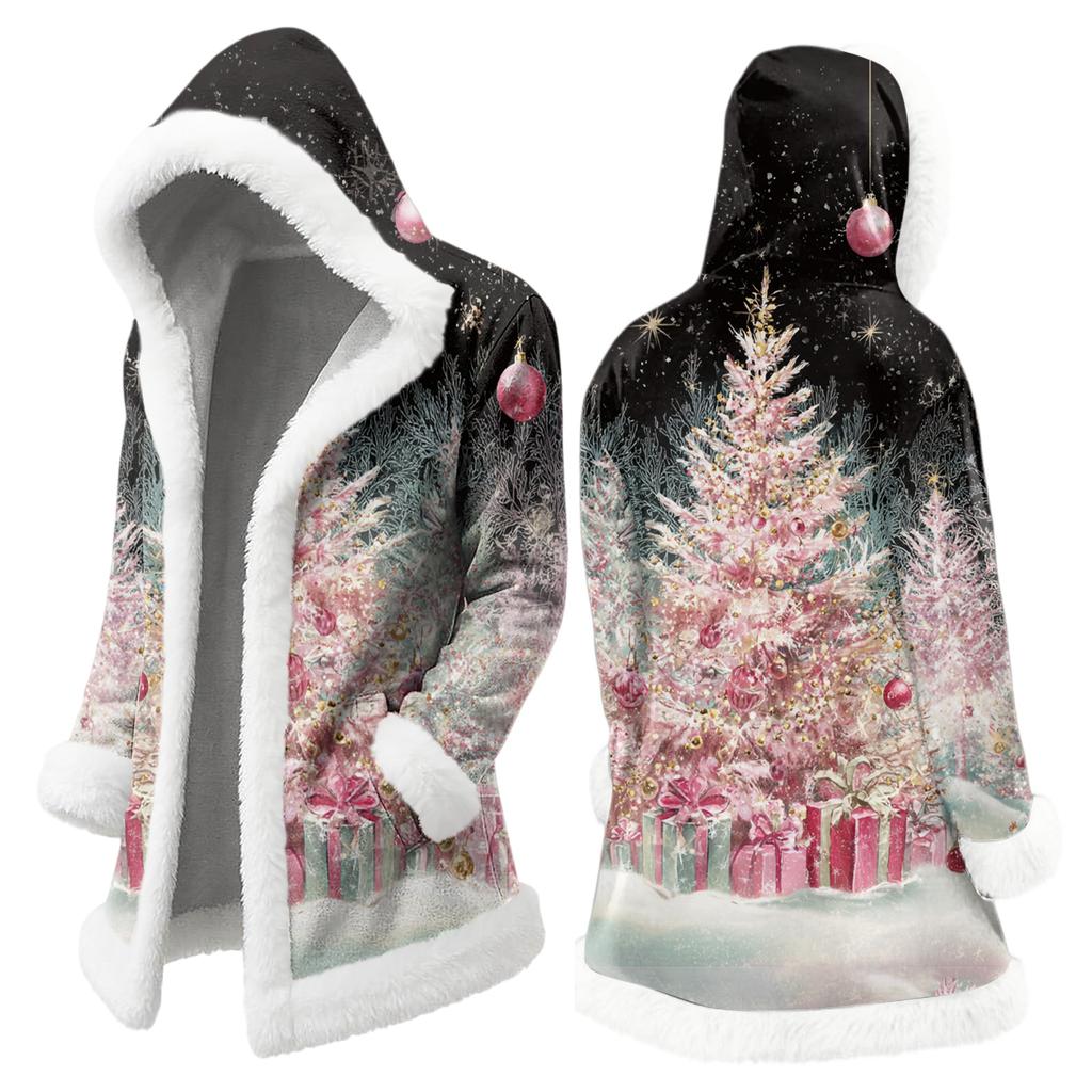 Men's Christmas Long Hooded Cardigan With Pockets Warm Jacket