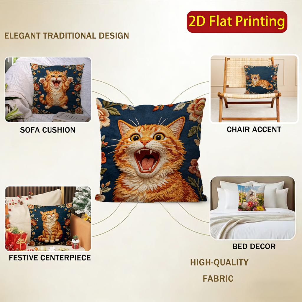Vintage Floral Orange Cat Decorative Throw Pillow Covers Pattern Cushion Cover Suitable for Sofa Bedroom Car Pillow Cover