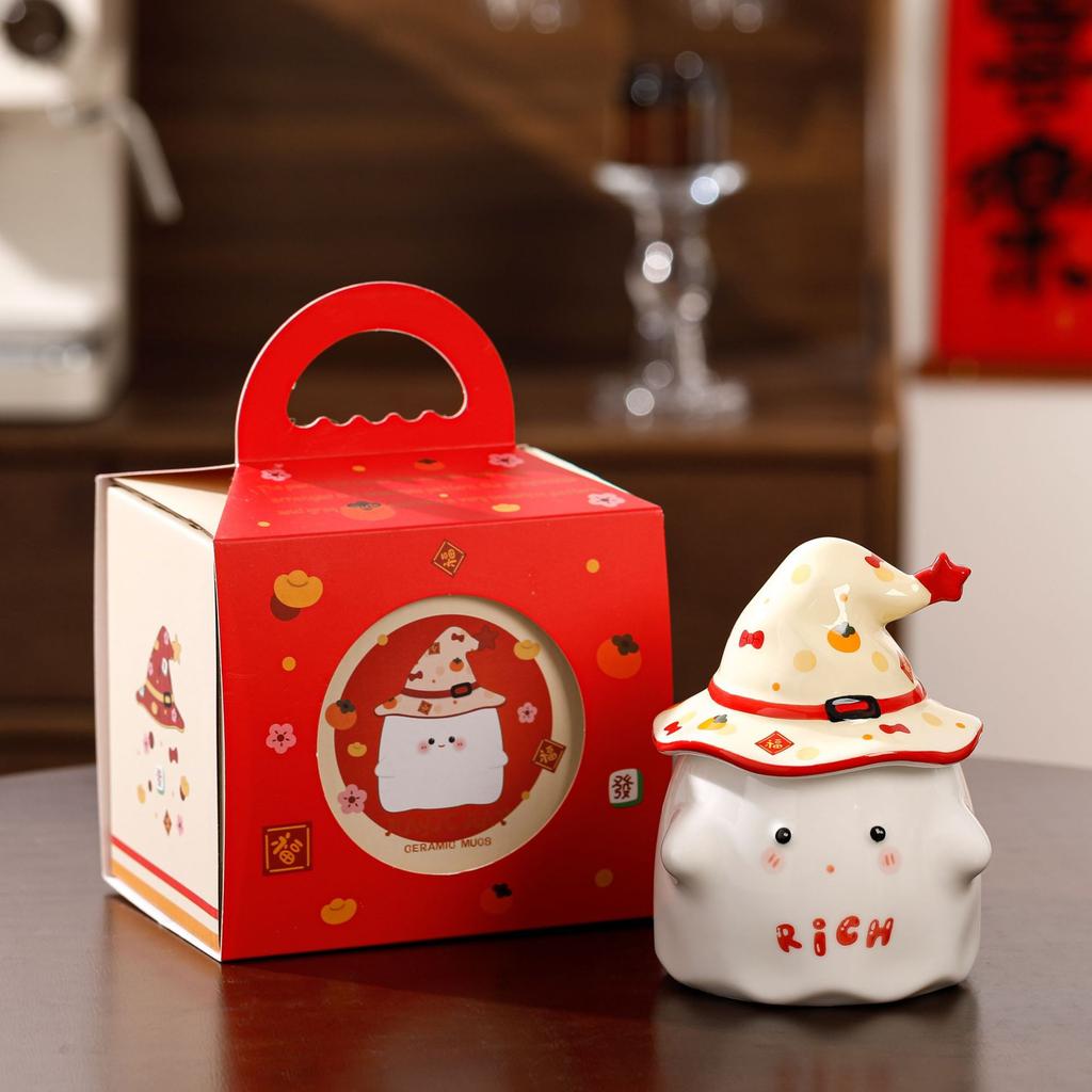 Red Festive Zhaocai Fubao Ceramic Mug with Lid New Year Gift Cup Souvenir Event Handheld Gift Box