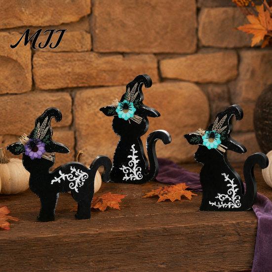 Halloween Decorations 3Pcs Decoration, Black Cat Ghost Witch Hat Table Decor, Party Decor Rustic Farmhouse Wooden Centerpieces for Home Office Tiered