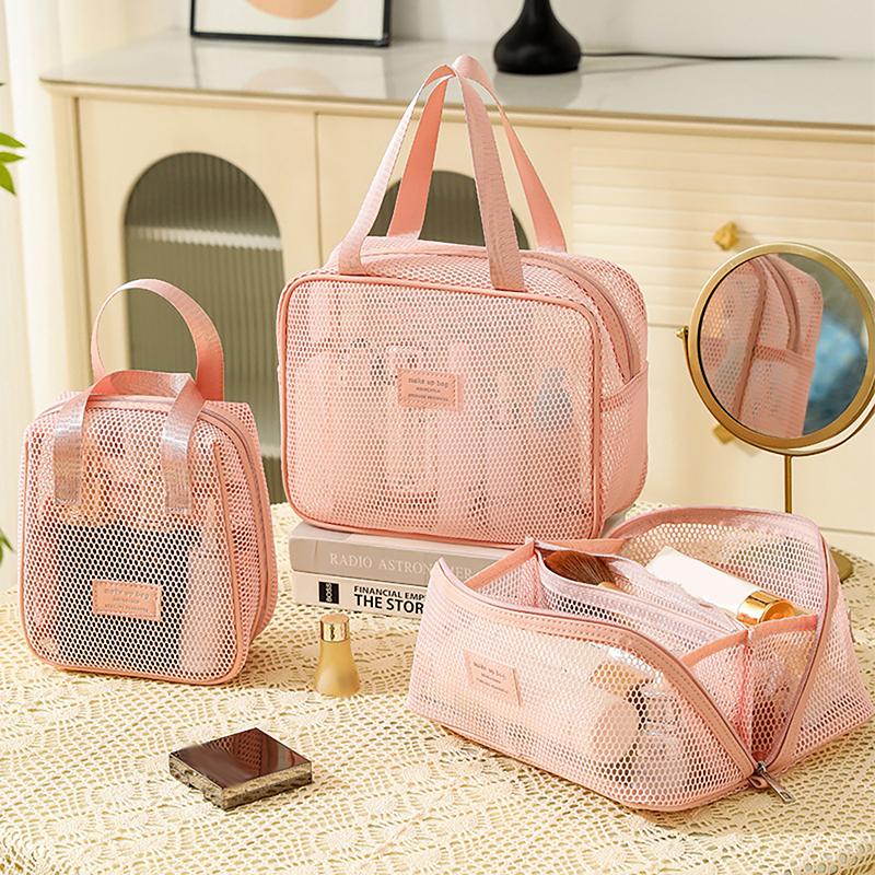 Portable Solid Color Mesh Cosmetic Bag Lightweight Space Saving Zipper Bags Large Capacity Travel Toiletry Storage Handbag