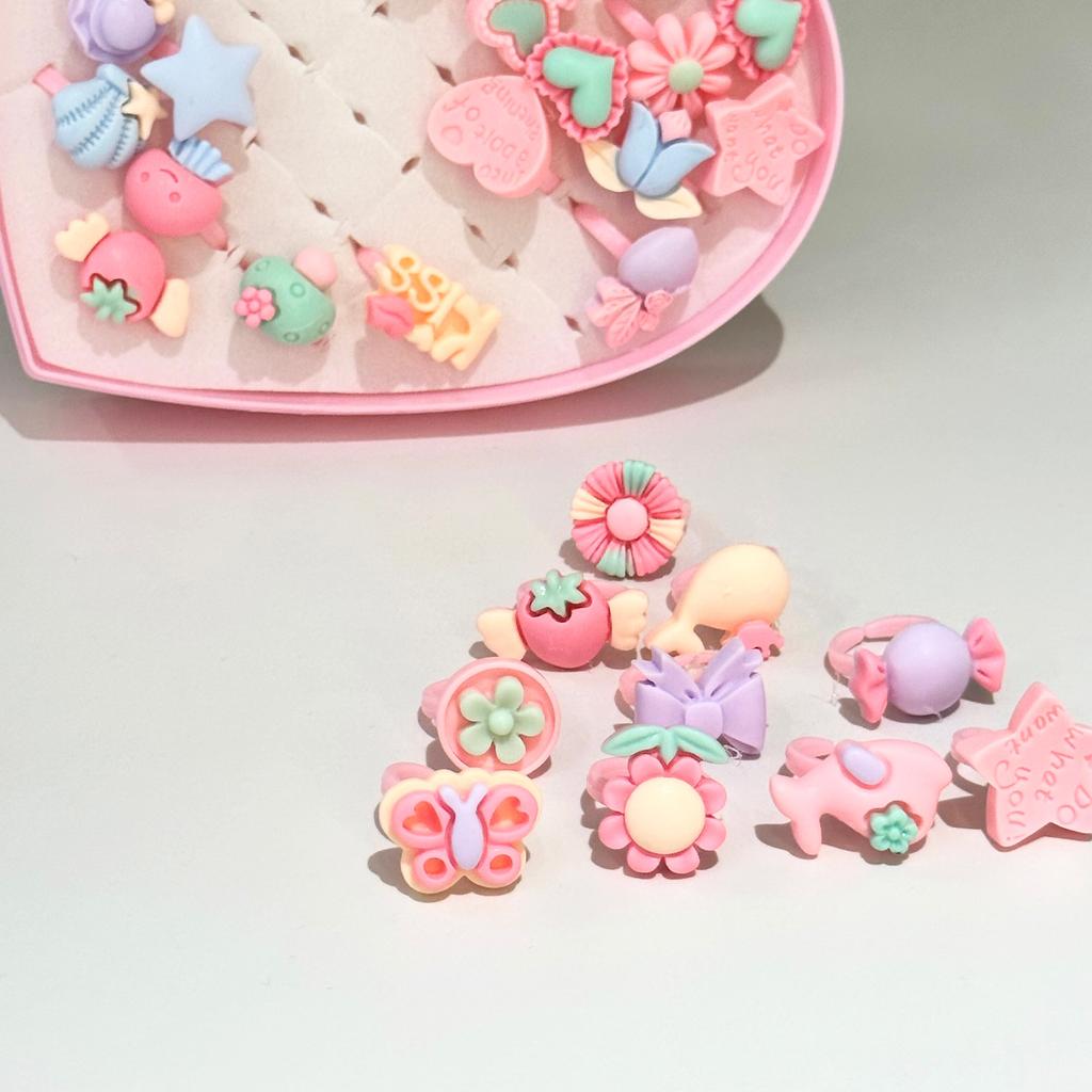 36pcs Kids Cute Rings Resin Cartoon Jewelry Flower Shape Adjustable Ring Set Creative Accessories Girl Gifts