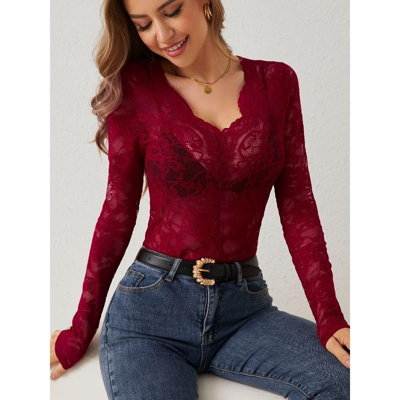 Spring and Autumn New Sexy Single Layer Flower Lace Fan Decorative Bottom Shirt Top Women