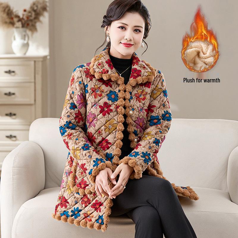2025 Winter Stylish Floral Velvet-Lined Mid-Length Cotton Coat for Women - Elegant and Warm Autumn/Winter Outerwear