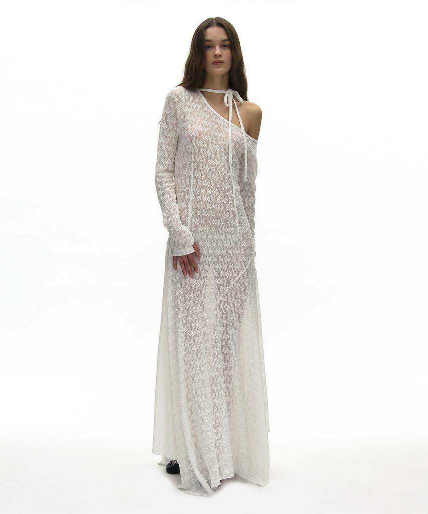 Partimento Woman Sheer Lace Tie-Neck Maxi Dress_White
