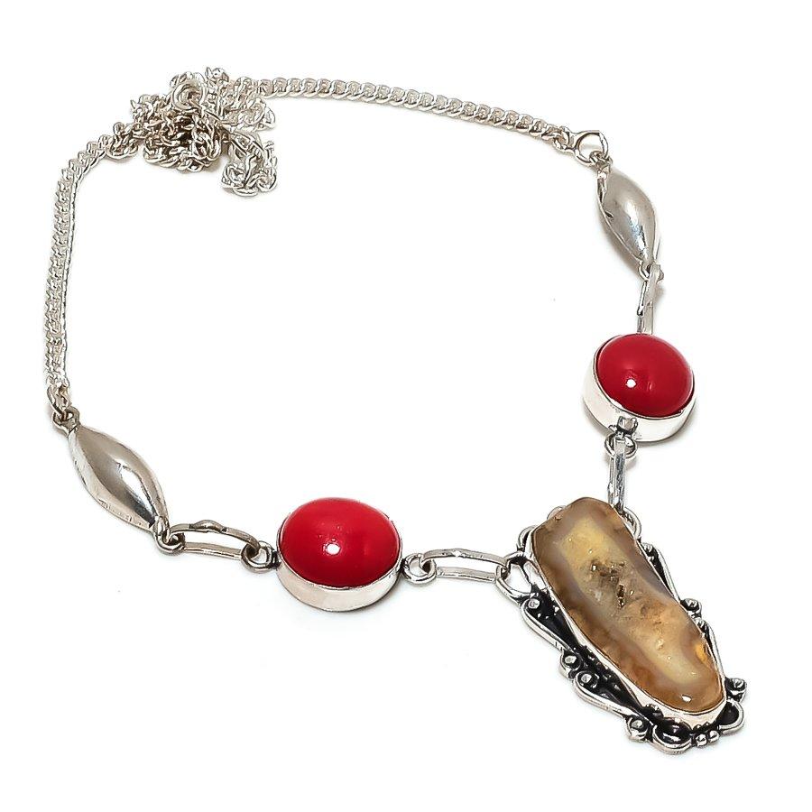 Natural Agate Geode Slice, Coral 925 Sterling Silver Jewelry Necklace 18" p9b67