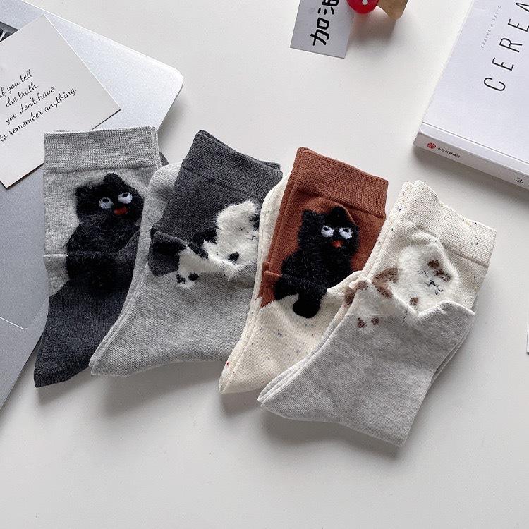 Roliga Tecknade Kattstrumpor Dam Höst och Vinter Tjock Bomull Mellanlånga Strumpor Varma Mysiga Sovande Hem Golv Djurmönstrade Strumpor