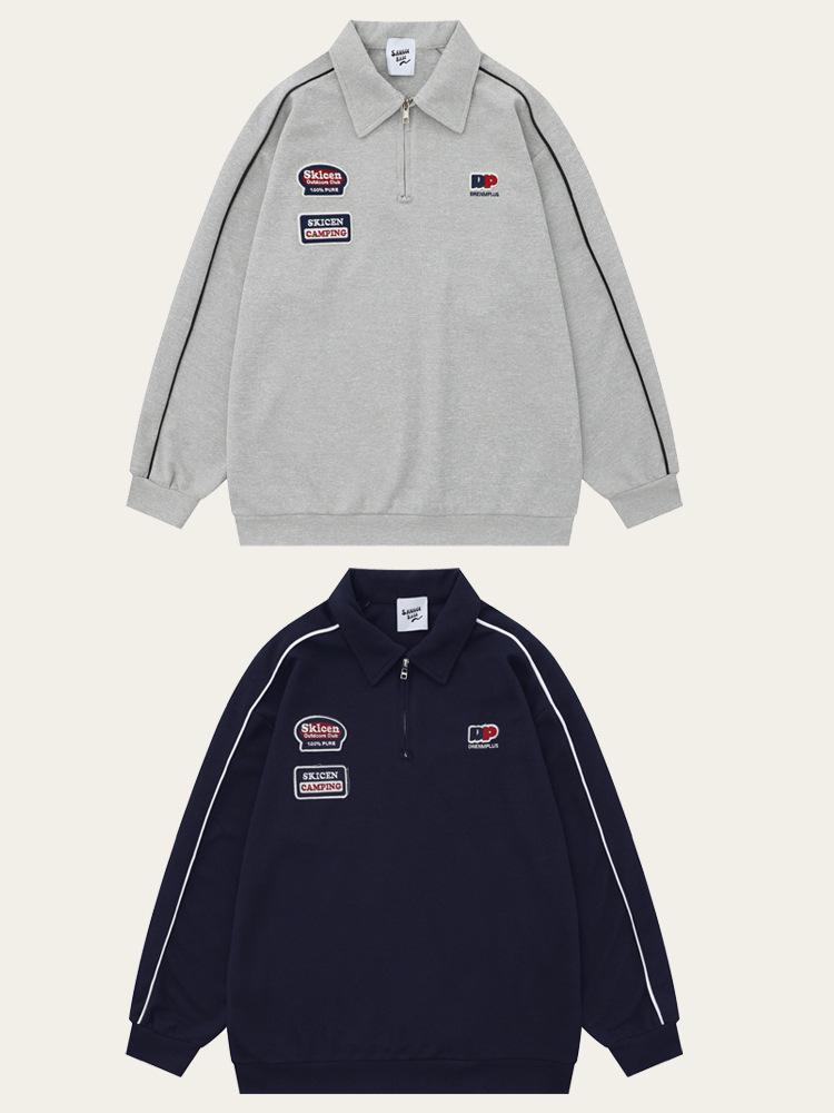 Wild Man Trendy American Letter Embroidery Waffle Knit Sweatshirt, Spring/Autumn Academy Style Half-Zip Polo