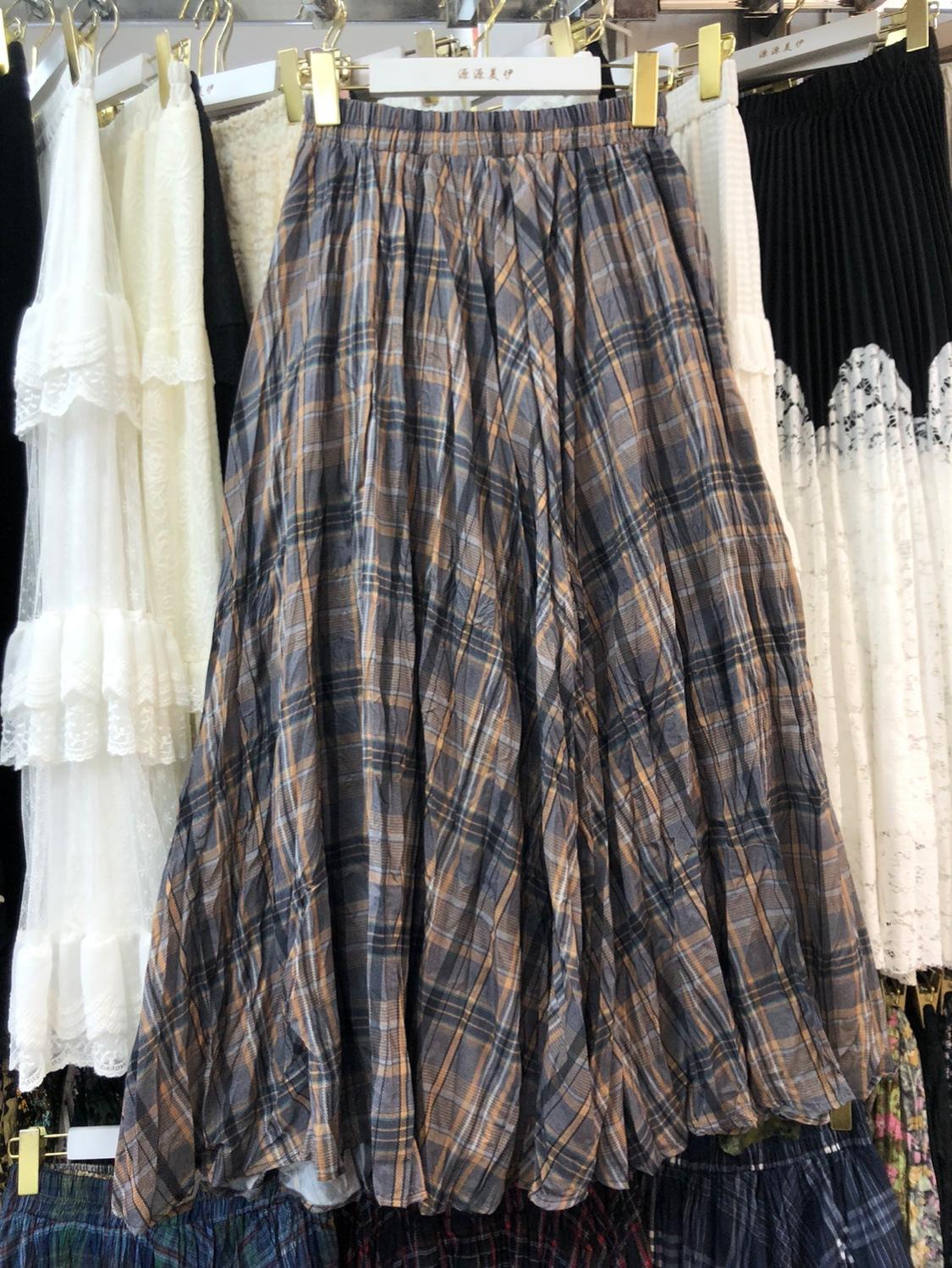 

Летняя юбка в клетку в стиле ретро с эластичной талией, свободная юбка с маятником, длинная, свежая и универсальная one size fits all хаки