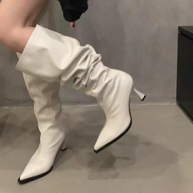 Fashion Fashion Pleated Stack Boots Autumn New Pointed Toe Splice Sleeve Non-Slip Wear-Resistant Stiletto Heel Tall Boots