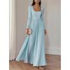 Elegant Square Neck Long Sleeve Waist-Cinched Pleated Maxi Dress Women 2026 Fall Formal Occasion