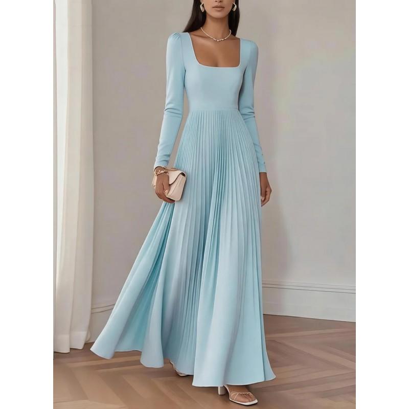Elegant Square Neck Long Sleeve Waist-Cinched Pleated Maxi Dress Women 2026 Fall Formal Occasion