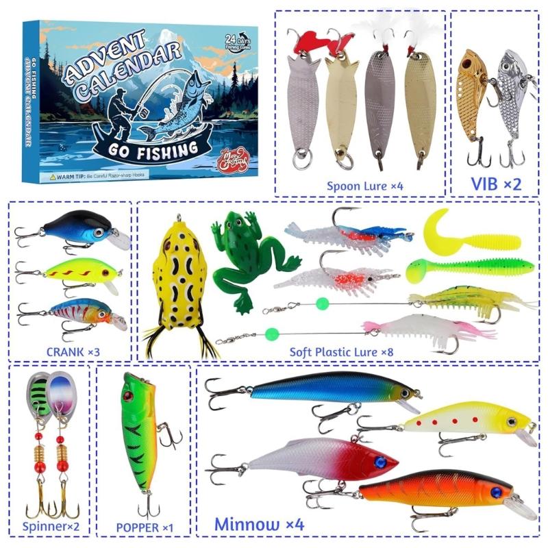 24 Days Christmas Fish Baits Blind Box Fishing Tackle Set Advent Calendar Fishing Accessories Stylish Gift for Fishers