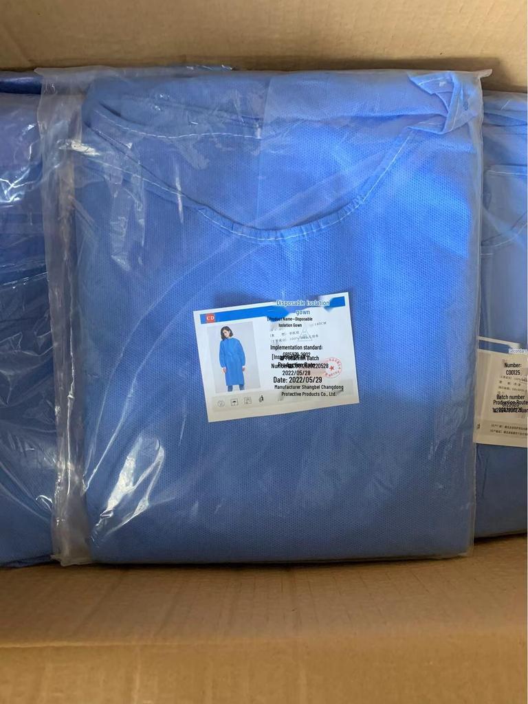 Changdong Blue SMS Non-woven Disposable Isolation Gown with Ribbed Cuffs and Back Opening