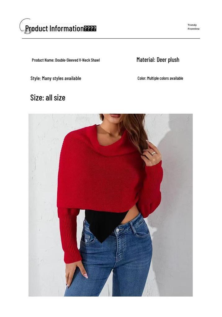 European & American Double Sleeve Off-the-Shoulder V-Neck Knit Scarf for Women