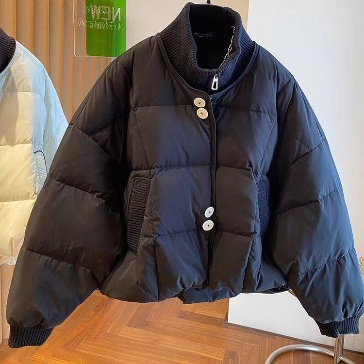 Winter Short Color Block Padded Coat Women Knit Stand Collar Quilted Down Jacket Petite Outerwear
