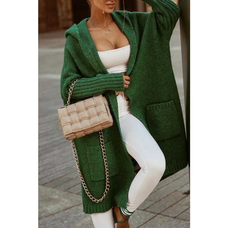 Letter Hooded Cardigan Knit Sweater Women Autumn Winter Loose Long Sleeve Coat Long Knitted Jacket Pocket Overcoat Office Lady