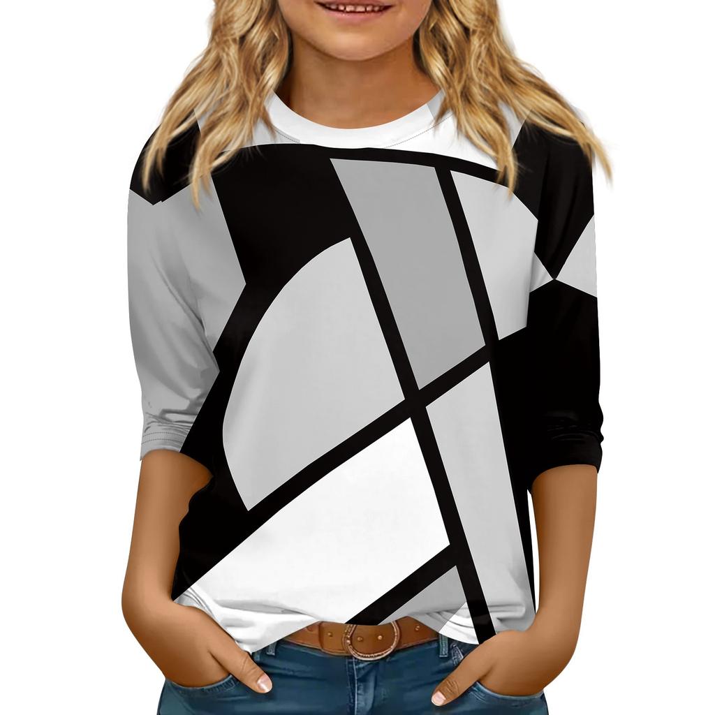 Children's 3/4 Sleeve Tops Casual  Print T Shirt Round Neck Pullover Blouse