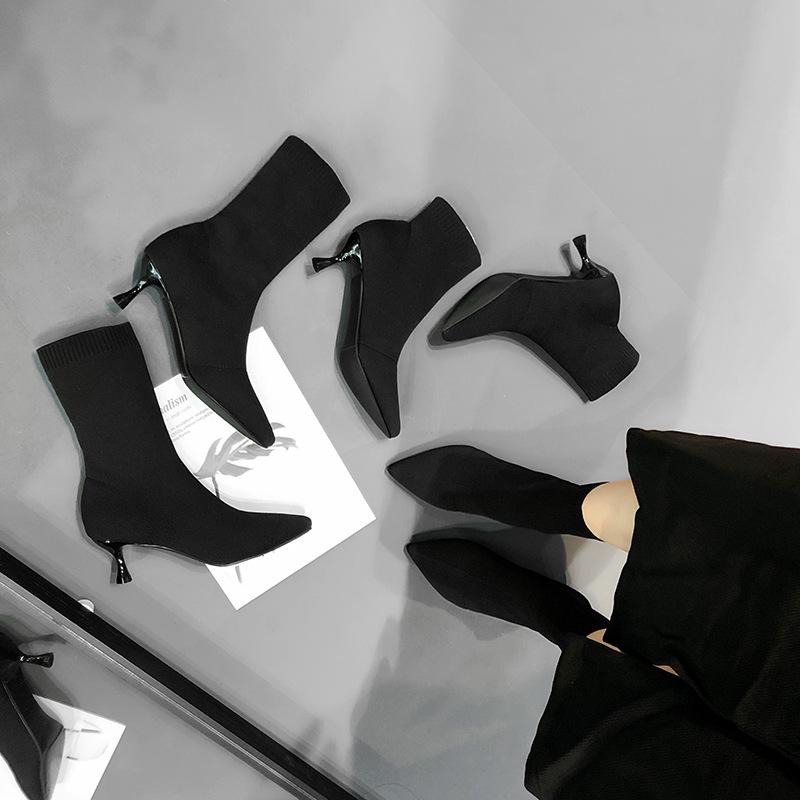 

Long-Stemmed Elastic Sock Boots - Black Pointed Toe Slim Knit High Heels for Women 35
