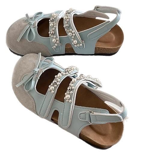 Retro ballet shoes summer wear single shoes summer ugly cute sweet girl pearl leopard print Mary Jane shoes Boken sandals women