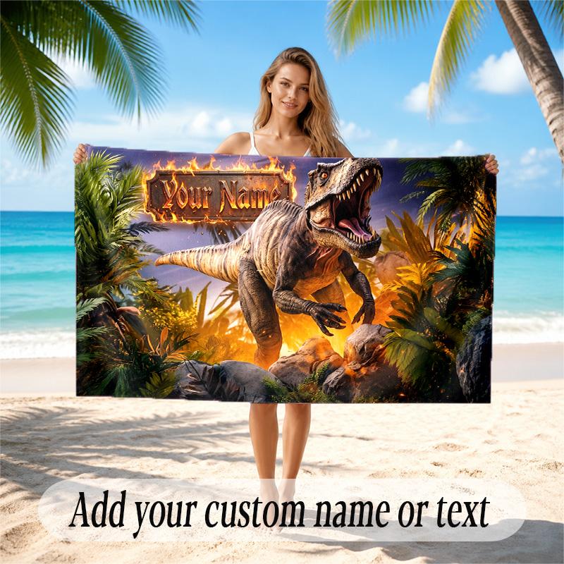 Dinosaur Theme Quick Dry Beach Towel Custom Name Text Print Large Sand Resistant Towel Beach Vacation