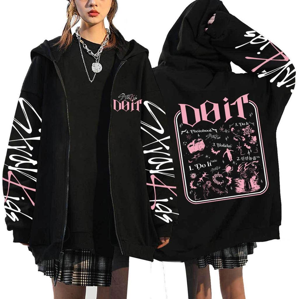 Sudadera con capucha estampada suelta con cremallera Harajuku de Stray Kids En stock