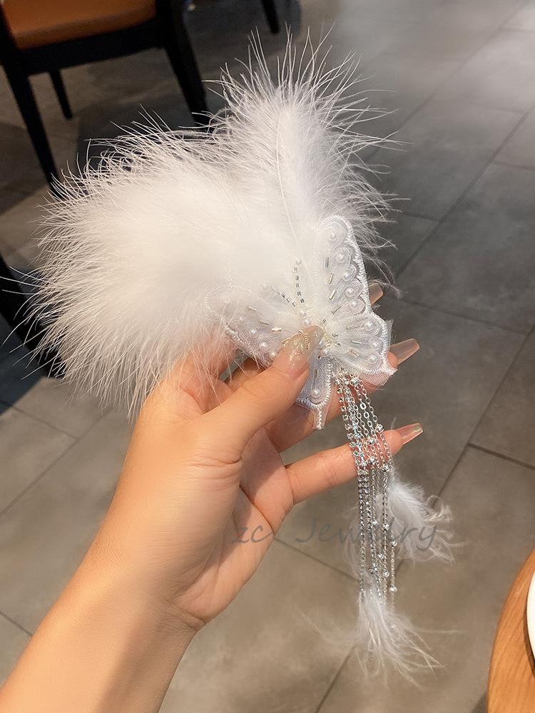 Super Fairy Feather Butterfly Tassel Edge Clip Female High-end Temperament Performance Photo Headgear Bridal Hairpin Hair Accessories